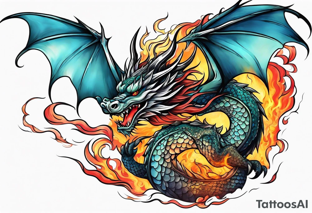 Dragon and flame clouds tattoo idea