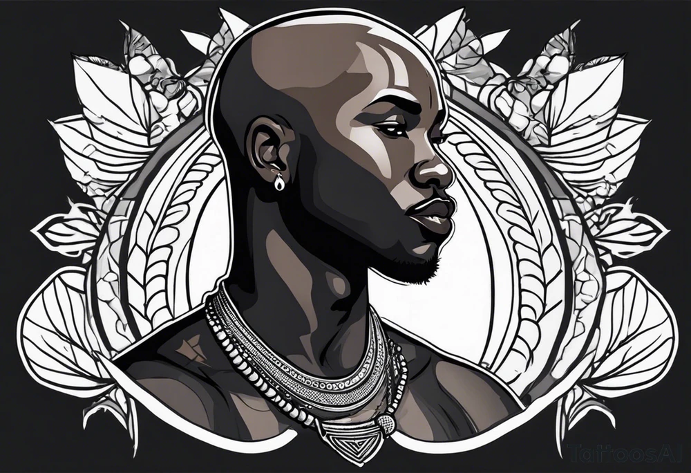 Black-skinned bald african warrior. He wears a simple and small silver crown. He uses a necklace of cowry shells tattoo idea