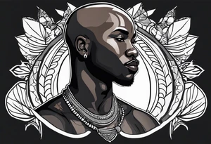 Black-skinned bald african warrior. He wears a simple and small silver crown. He uses a necklace of cowry shells tattoo idea