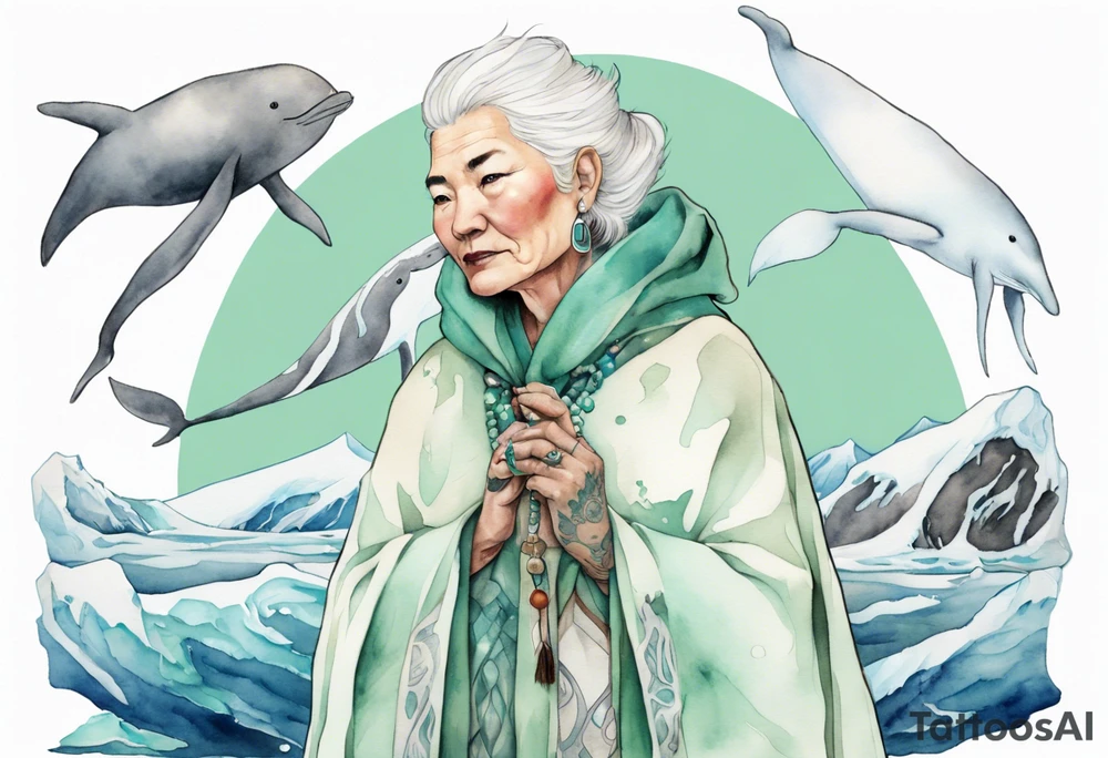 a 55-year-old Sami woman with white  hair wearing a white and mint cloak standing on an iceberg with one narwhal in the background tattoo idea