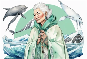 a 55-year-old Sami woman with white  hair wearing a white and mint cloak standing on an iceberg with one narwhal in the background tattoo idea