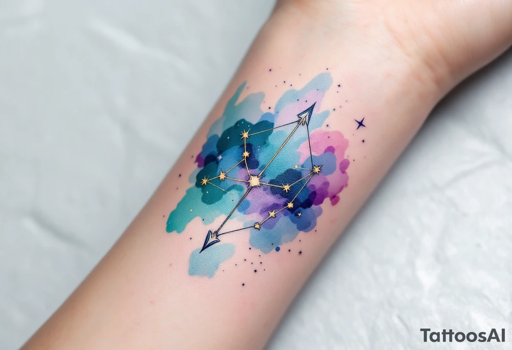 A watercolor-style Sagittarius constellation in shades of indigo, teal, and violet splashed across the forearm like a night sky. tattoo idea