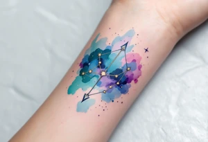 A watercolor-style Sagittarius constellation in shades of indigo, teal, and violet splashed across the forearm like a night sky. tattoo idea