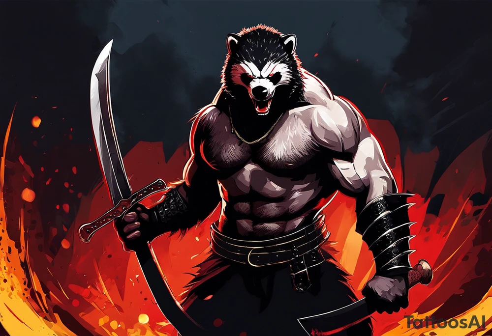 Draw me psychopath Fearless Honey Badger/Berserker with aggressive full body, killer face with a scary smile, very long nails and he attacks like a Bloody Assassin/Warrior/Gladiator to us and also, he has very deadly looking. He fights with his nails only. Everybody scares after their first sight. Give me horror type Badger Tattoo. I want to see his Realistic full body with no weapons. You can show destruction at the back. tattoo idea