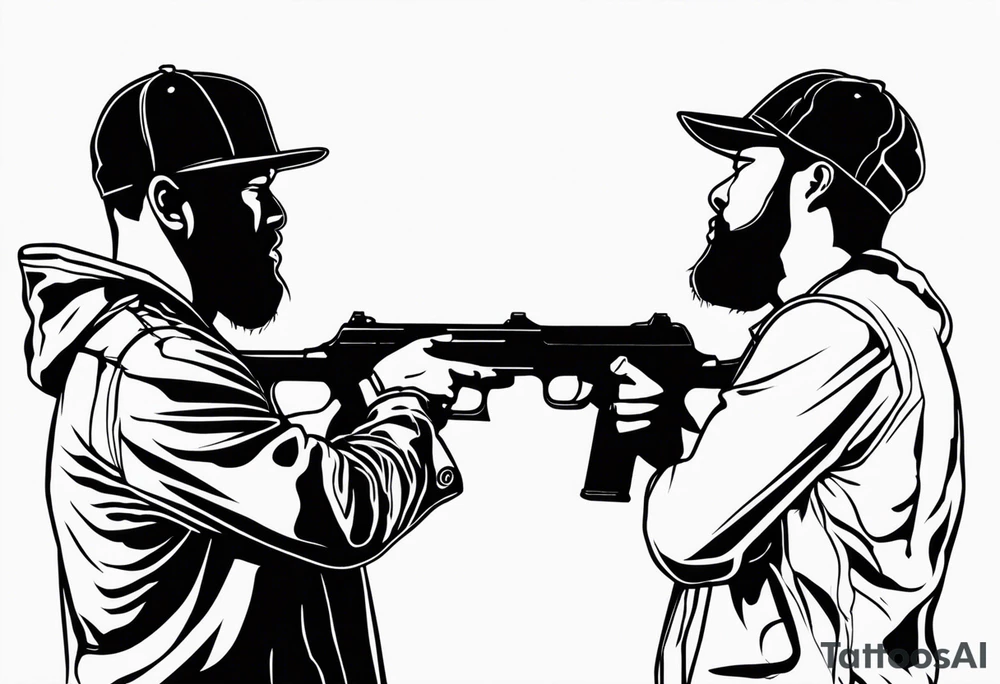 A reflection of two black  siloets of people  holding guns at two siloets dead tattoo idea