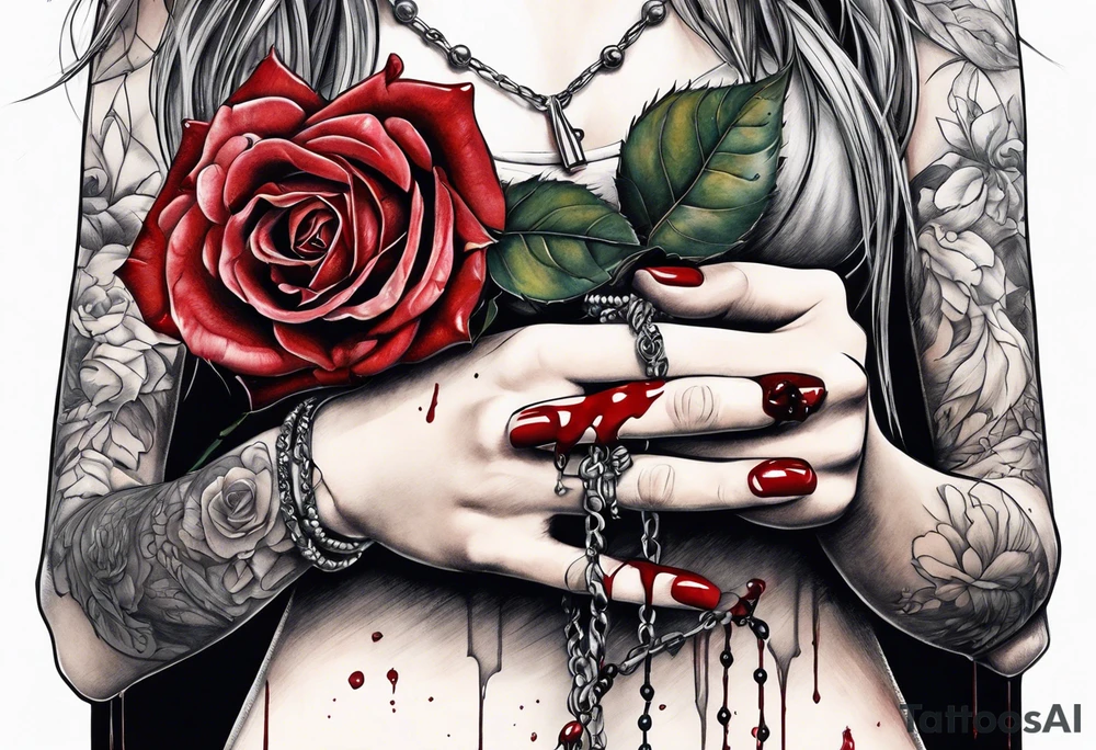 Feminine hand holding a rose with blood dripping down the hand from the thorns with 3 hanging rosary beads. tattoo idea