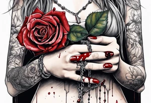 Feminine hand holding a rose with blood dripping down the hand from the thorns with 3 hanging rosary beads. tattoo idea