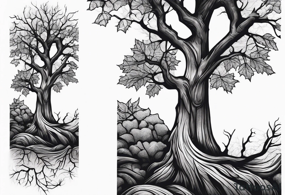 A maple tree with branches and a cross combined into the trunk. It is a forearm sleeve tattoo idea
