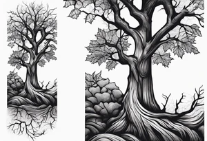 A maple tree with branches and a cross combined into the trunk. It is a forearm sleeve tattoo idea