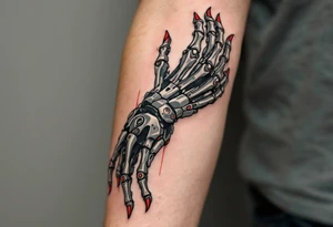 A skeletal robotic arm with bone-like mechanical segments in matte gray, accented by red heat signatures at each joint. tattoo idea