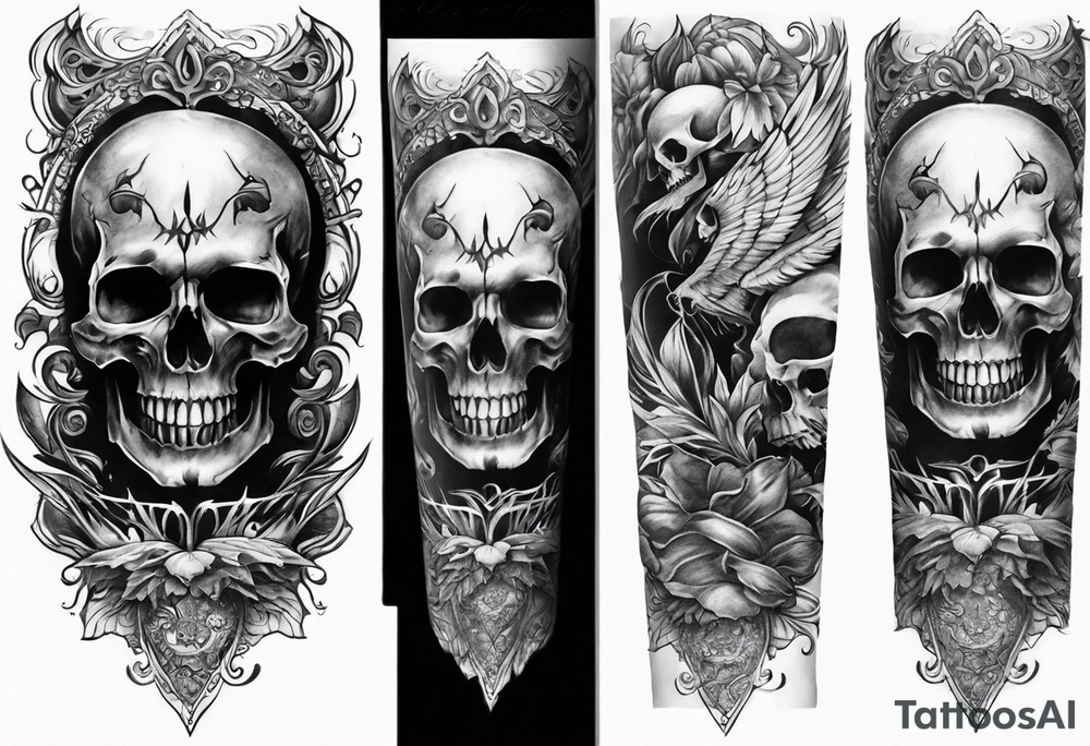 death skulls evil theme full arm sleeve tattoo idea