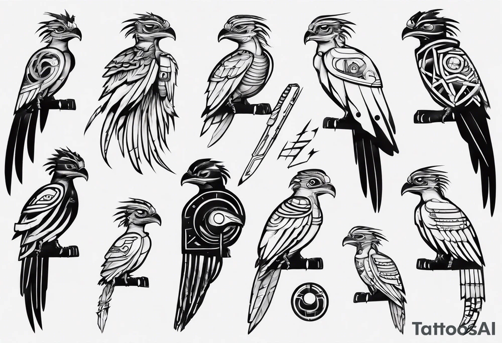 Cyberpunk Guatemalan Quetzal tattoo idea