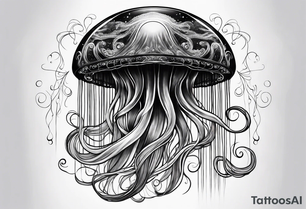 A galaxy inside a mystical jellyfish with long flowing tentacles tattoo idea