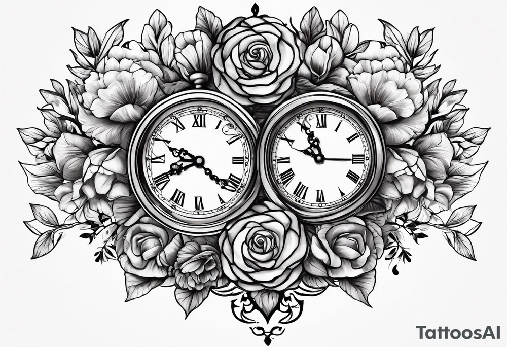 3 clocks and June flowers October flowers and December flowers tattoo idea