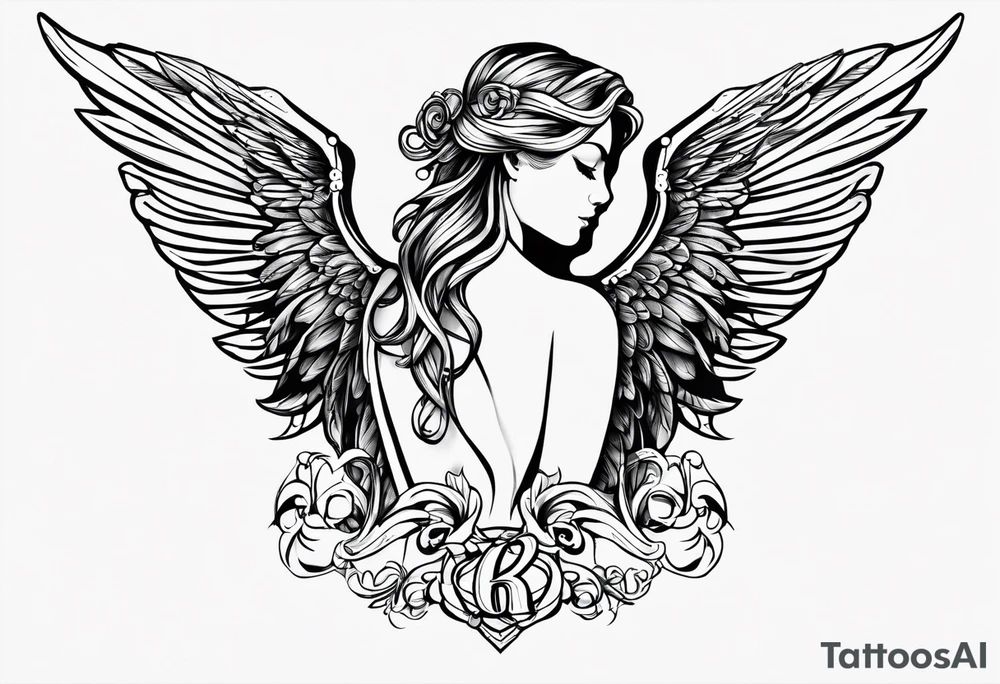 Angel right wing, side way with name Leah written in gothic letters. tattoo idea