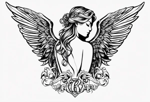 Angel right wing, side way with name Leah written in gothic letters. tattoo idea