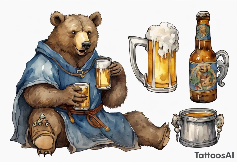 a medieval bear-human wearing a tunic and drinking from a pewter mug of beer in a tavern, laughing tattoo idea