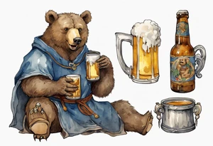 a medieval bear-human wearing a tunic and drinking from a pewter mug of beer in a tavern, laughing tattoo idea