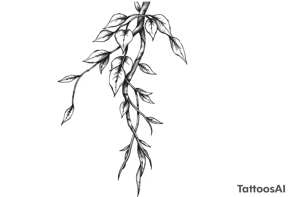 long twisted plant with long leaves, dripping like ink, growing up under the cleavage tattoo idea