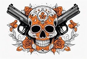 Orange Sugar skull with guns that are orange and red with smoke around it tattoo idea