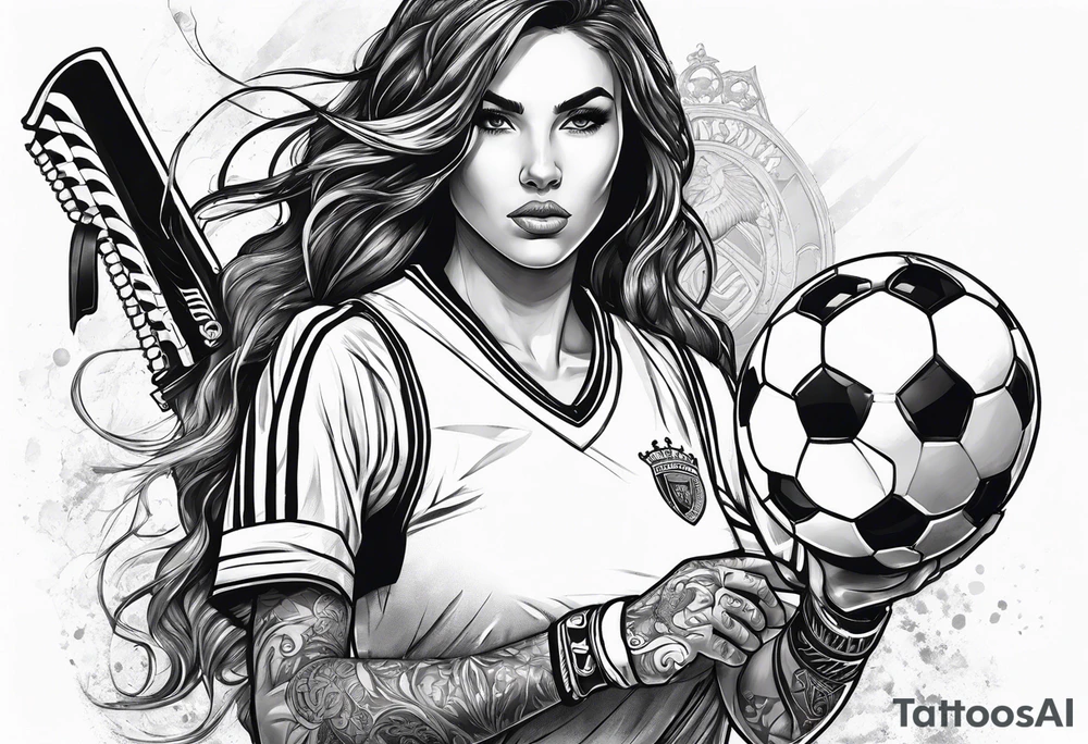 Woman warrior holding a soccer trophy in her hand and sensually wearing a soccer jersey. Holding a weapon in her other hand. tattoo idea