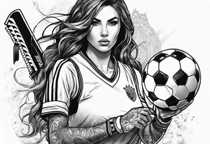 Woman warrior holding a soccer trophy in her hand and sensually wearing a soccer jersey. Holding a weapon in her other hand. tattoo idea