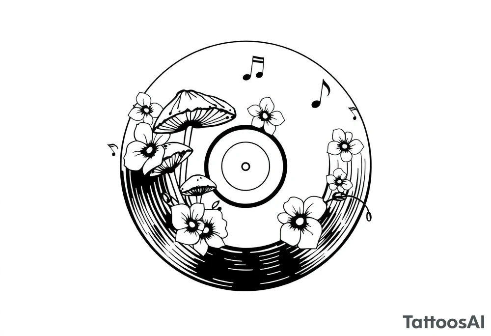 one black and white vinyl record with mushrooms, orchids, and music notes around it tattoo idea