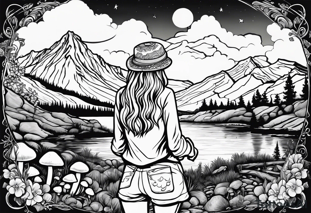 Whole picture encircled fully

Straight long blonde hair hippie girl in distance holding mushrooms in hand facing away toward mountains and creek surrounded by mushrooms long sleeve shirt and hiking pants; whole rendering within a full circle, no cut off circle tattoo idea
