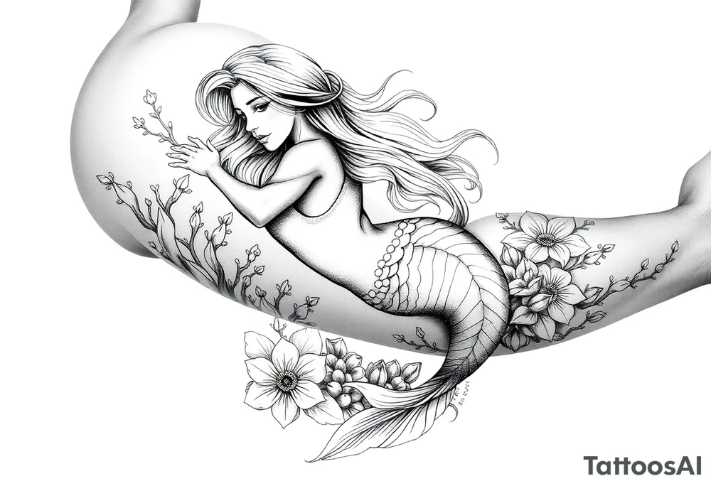 ethereal mermaid with flowing hair among coral and sea flowers tattoo idea