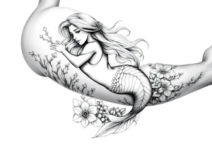 ethereal mermaid with flowing hair among coral and sea flowers tattoo idea