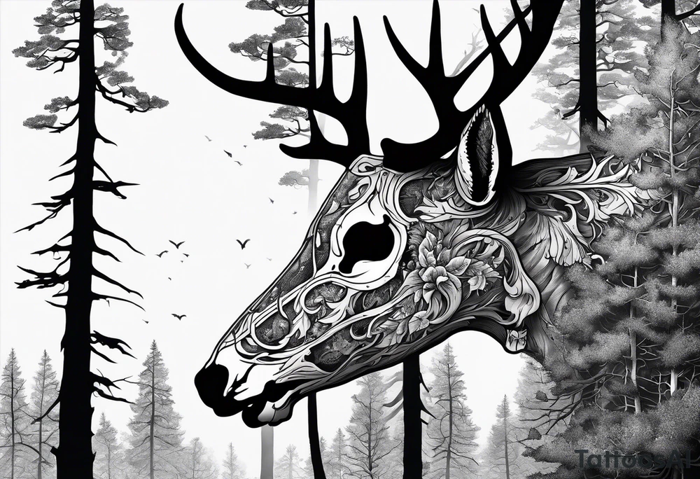 A side view of a decayed deer skull with no skin surrounded by trees and fire tattoo idea