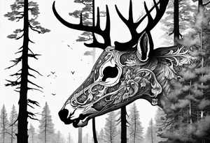 A side view of a decayed deer skull with no skin surrounded by trees and fire tattoo idea