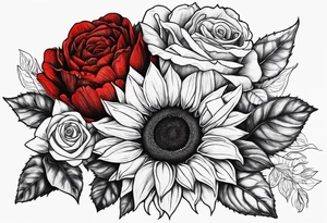 Sunflower and roses with the name Arianna in red scrip letters and “you are my sunshine” tattoo idea