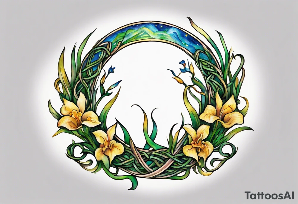 Create a small, colorful Vincent van Gogh Irises tattoo in the form of a crescent, with vines in Celtic knot style gracefully intertwining at a central point in the middle of the wreath. The intended placement is on the upper chest. The middle needs mountains. The overall design should be small in size while maintaining a delicate and artistic aesthetic. Pay attention to the graceful flow of the vines and the placement of the irises to achieve a refined and elegant look. tattoo idea