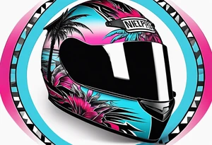 Formula 1 helment with a palm tree and black pink and light blue color tattoo idea