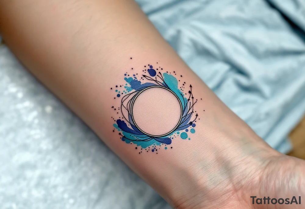 A minimalist Aquarius glyph, surrounded by soft watercolor waves in hues of turquoise, indigo, and silver. tattoo idea