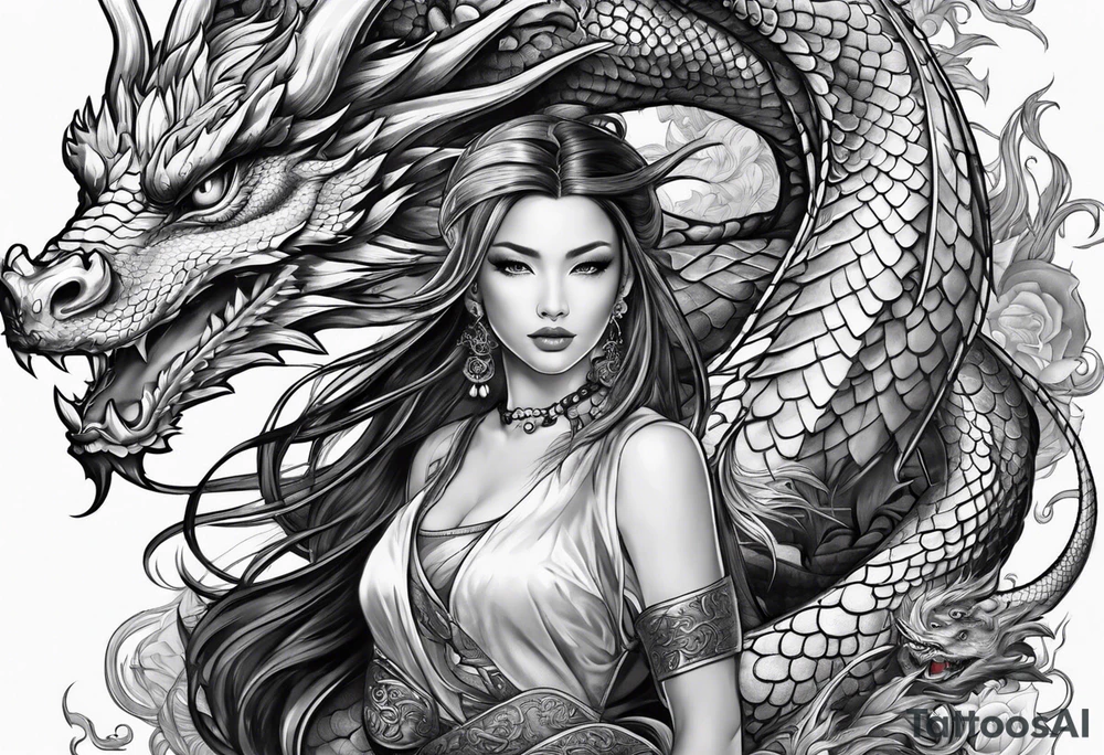 two dragons lady design tattoo idea