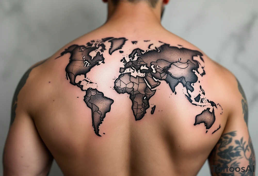 Design a full-back tattoo in a hyper-realistic style, featuring a geographical map as the central background, intricately detailed with continents, oceans, and subtle tattoo idea