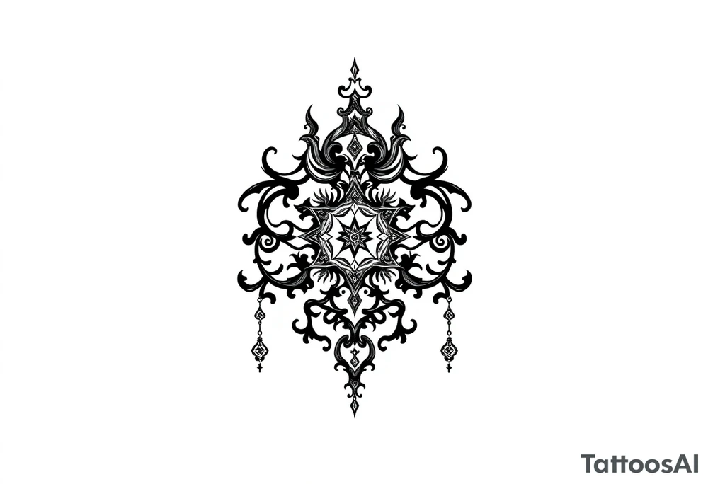 mystical dark and long ornament with witch mytolog and ancient rhyme tattoo idea