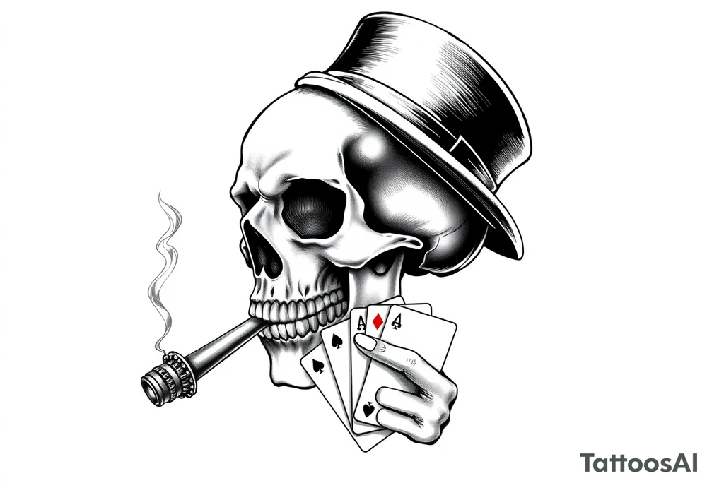 a skull with mustache,top-hat, cigar in his mouth and playing cards in a hand. tattoo idea