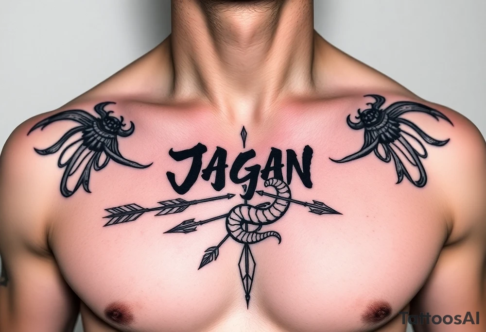 chest japan theme with naga lettering and arrow and snake tattoo idea