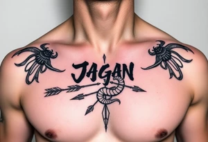 chest japan theme with naga lettering and arrow and snake tattoo idea