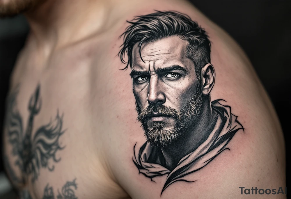 close-up man with trident tattoo idea