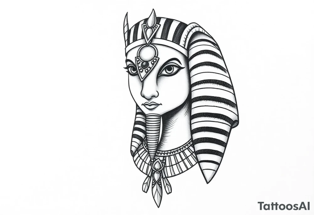 Tatuagem egípcia feminina detalhada, representando o deus Horus na sua forma animal, com adornos e simbolos tradicionais egípicios, a figura está em posição frontal, com detalhes hieroglíficos sutis ao redor, integrados harmonicamente. Fundo minimalista, inspirado em papiro antigo, com tons terrosos suaves. Estilo artístico com traços finos, sombra leve para destacar volume, ideal para a parte frontal da canela, transmitindo elegância e misticismo. tattoo idea