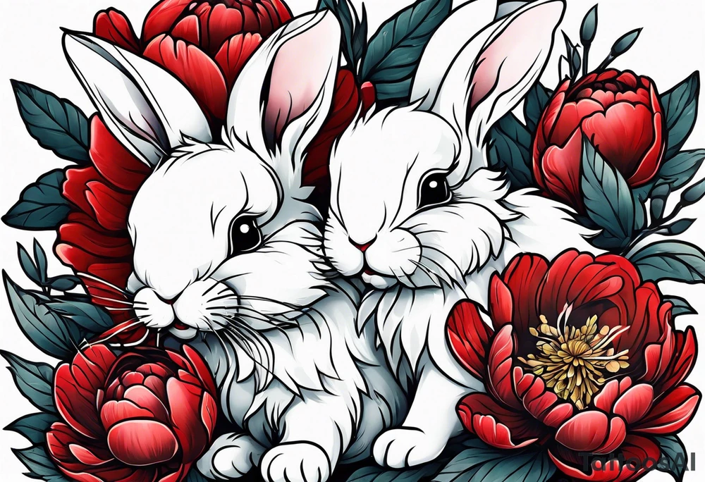 Red peony with small cute rabbit tattoo idea