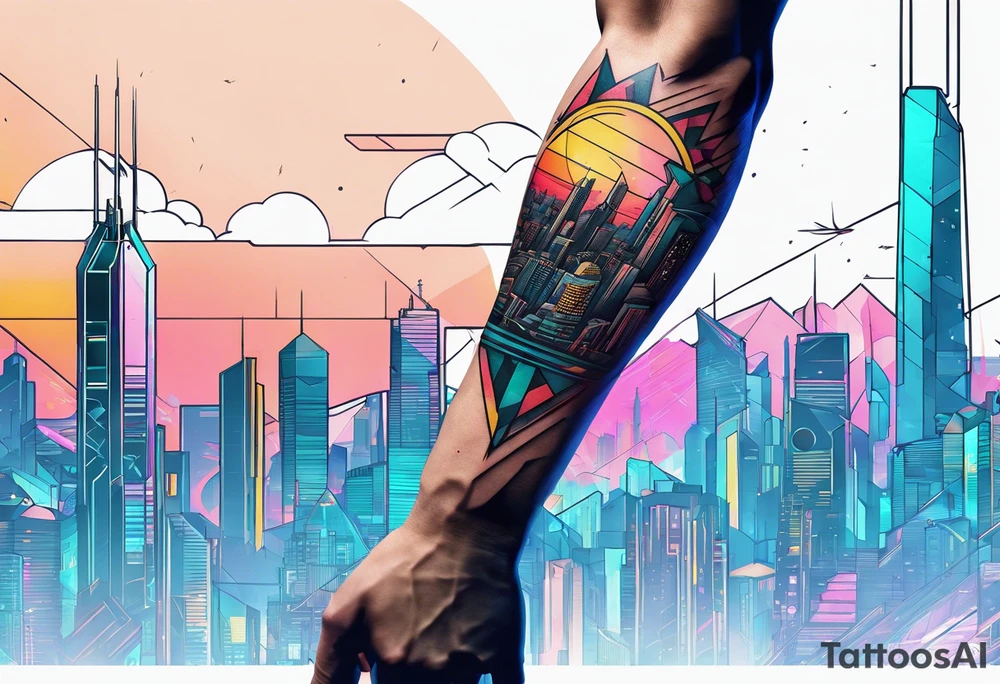 cyberpunk 2077, forearm tattoo, geometric, subtle, men, city skyline, bright colour, tattoo idea