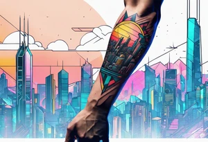 cyberpunk 2077, forearm tattoo, geometric, subtle, men, city skyline, bright colour, tattoo idea