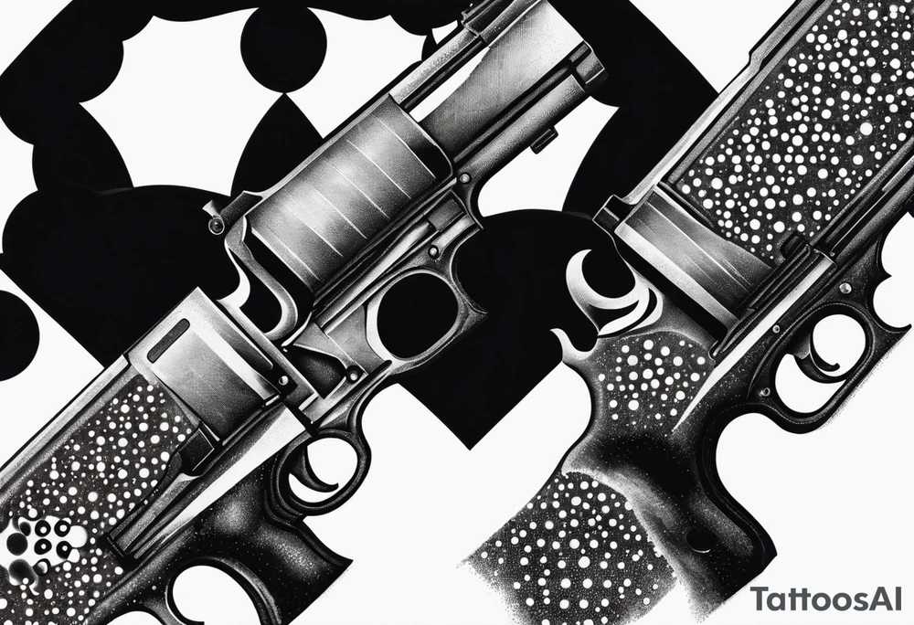 A reflection of two siloets holding guns at two siloets dead tattoo idea