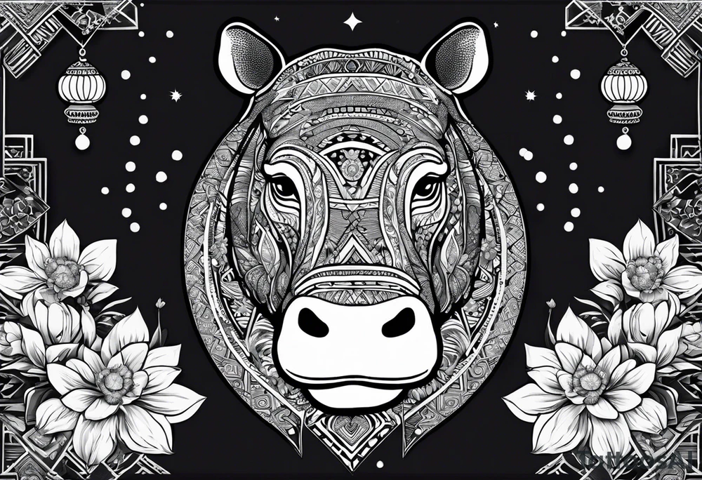 A foot long 2.5inches wide portrait orientation tattoo, containing a detailed hippo head with tribal patterns in the middle, a full moon on the upper side, and some wintersweet flowwer on the bottom side, these three components are connected with arches, lines, little geometric patterns, the lines will ne fine and narrow tattoo idea