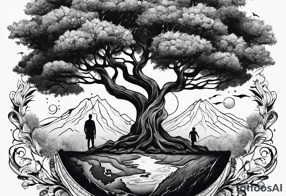tattoo drawing of a tree on top of the planet earth tattoo idea